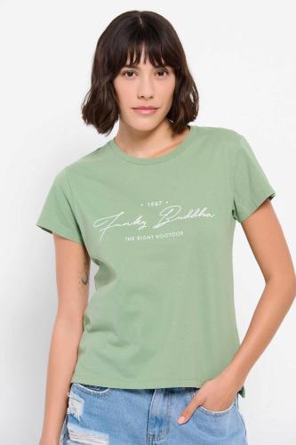 Funky Buddha γυναικείο βαμβακερό T-shirt μονόχρωμο με contrast logo print μπροστά - FBL007-114-04 Πράσινο Μέντας